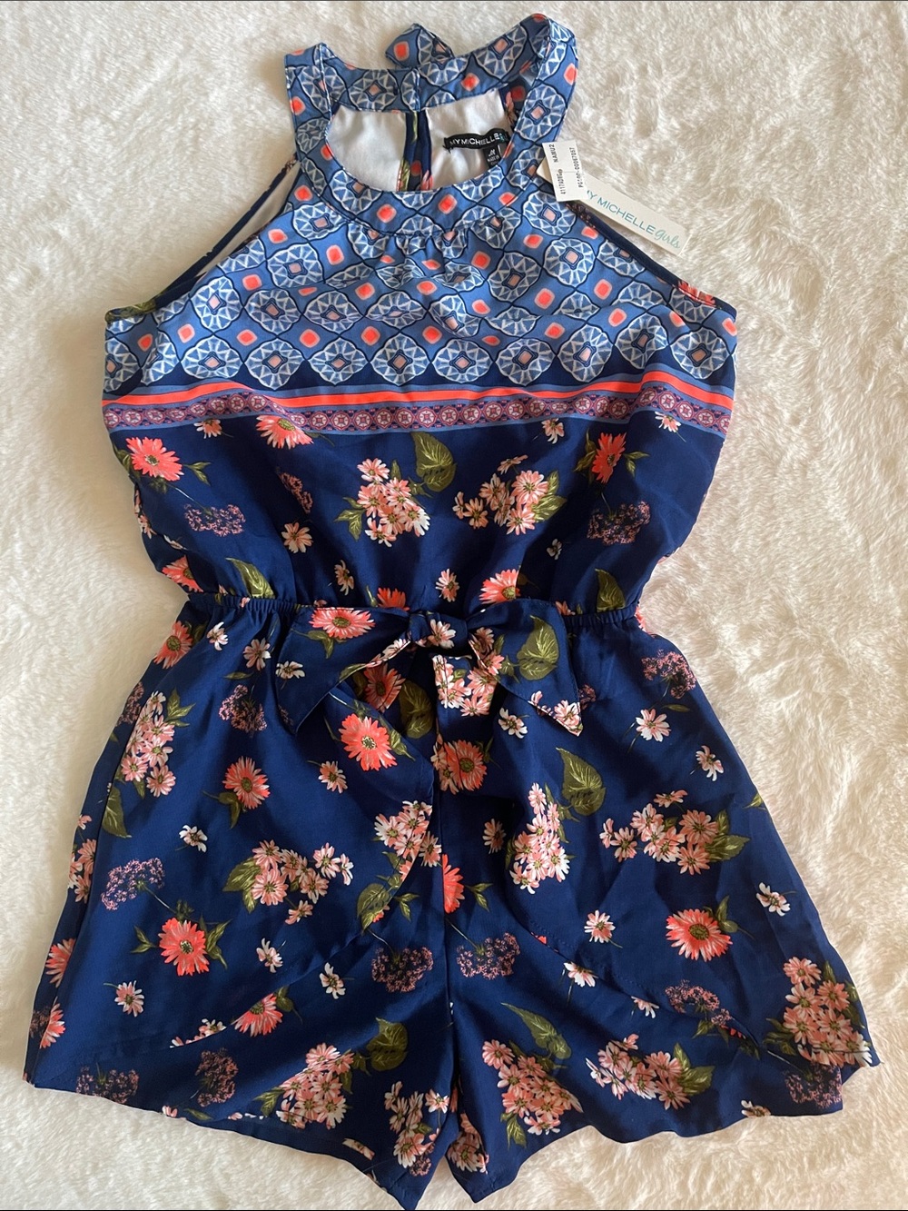 My Michele Girls Navy Floral Halter Romper  SZ M  10-12